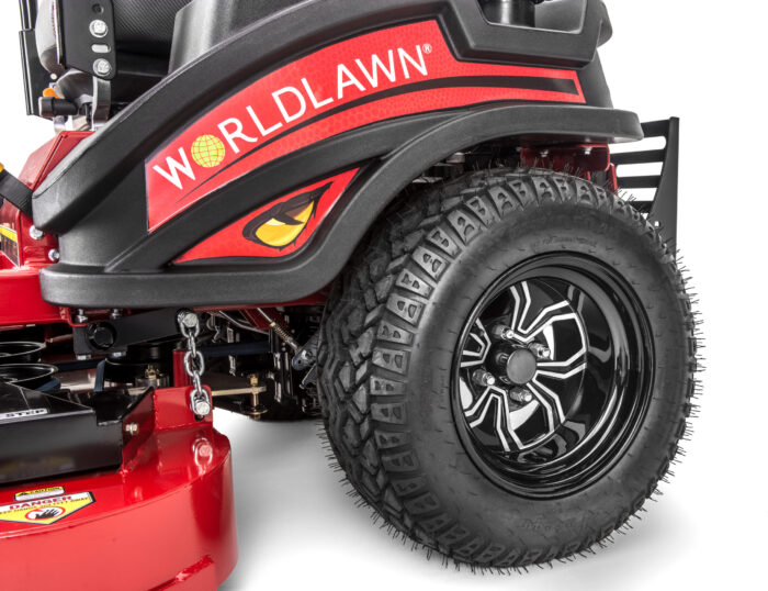 Side panel and wheel view of the Wordllawn Diamondback XP mower